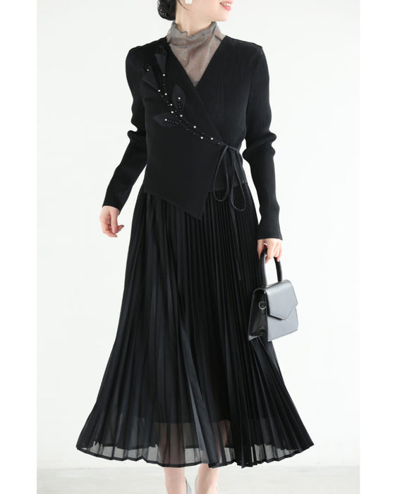 ビジュー花カシュクールのプリーツミディアムワンピース