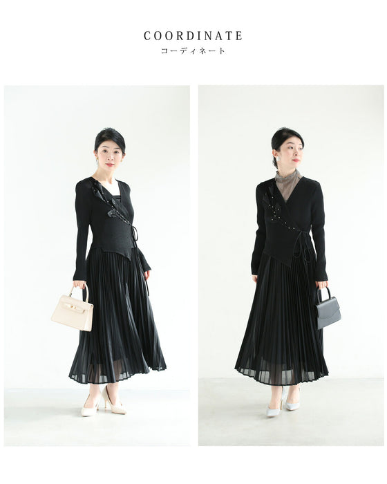 ビジュー花カシュクールのプリーツミディアムワンピース