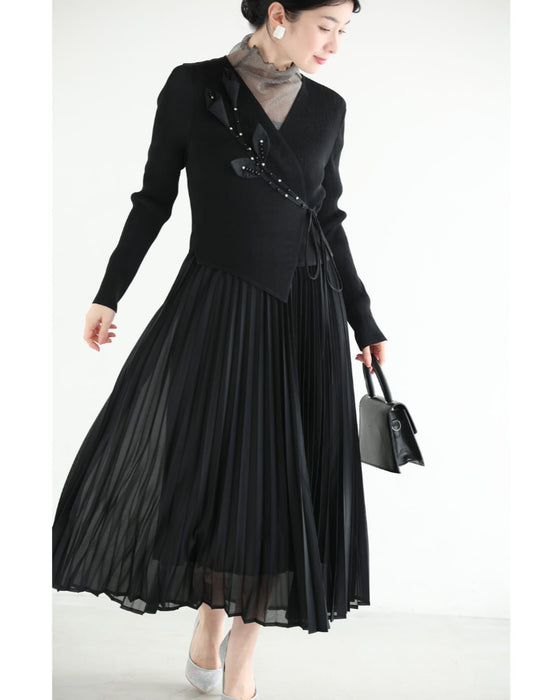 ビジュー花カシュクールのプリーツミディアムワンピース