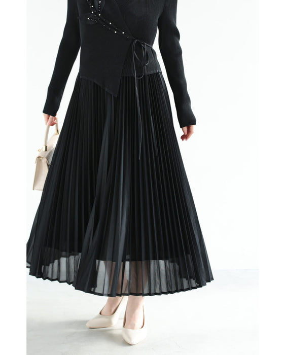 ビジュー花カシュクールのプリーツミディアムワンピース