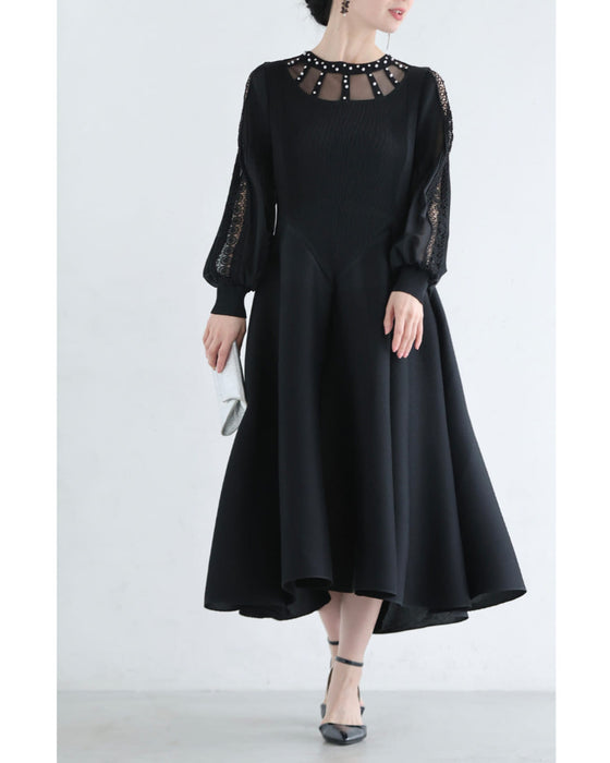 パール輝くデコルテのたゆたうアコーディオンプリーツミディアムワンピース（紐リボン付き）