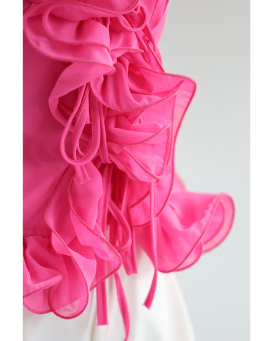 リボンを結ぶフロントの花びらフリルブラウストップス