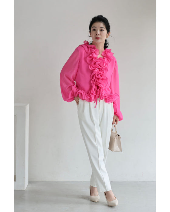 リボンを結ぶフロントの花びらフリルブラウストップス