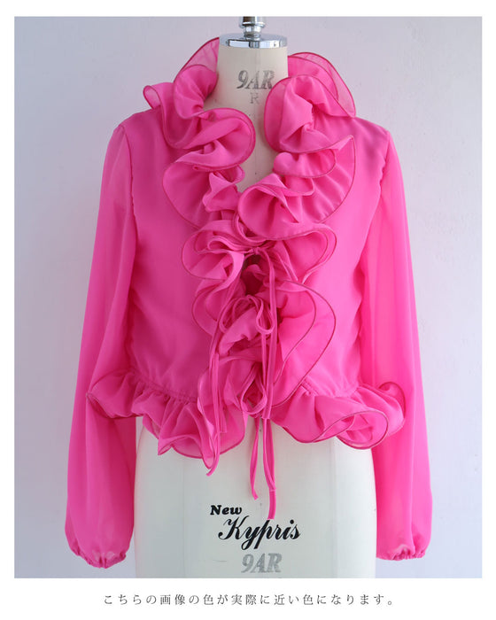 リボンを結ぶフロントの花びらフリルブラウストップス