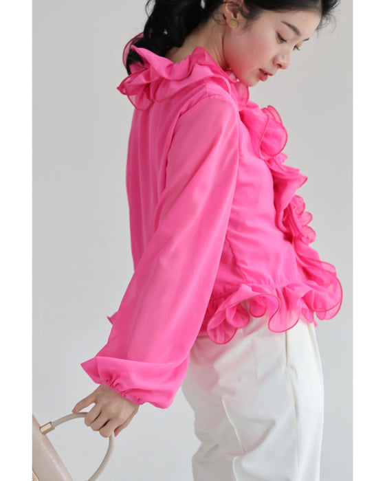リボンを結ぶフロントの花びらフリルブラウストップス