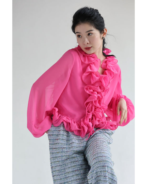 リボンを結ぶフロントの花びらフリルブラウストップス