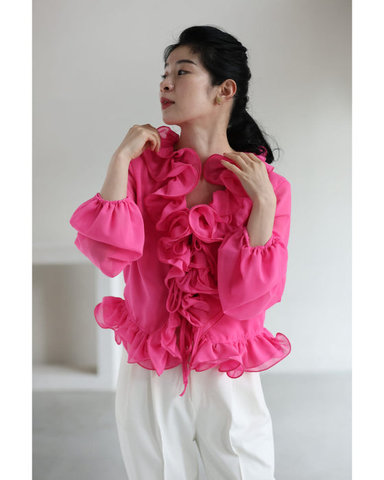 リボンを結ぶフロントの花びらフリルブラウストップス