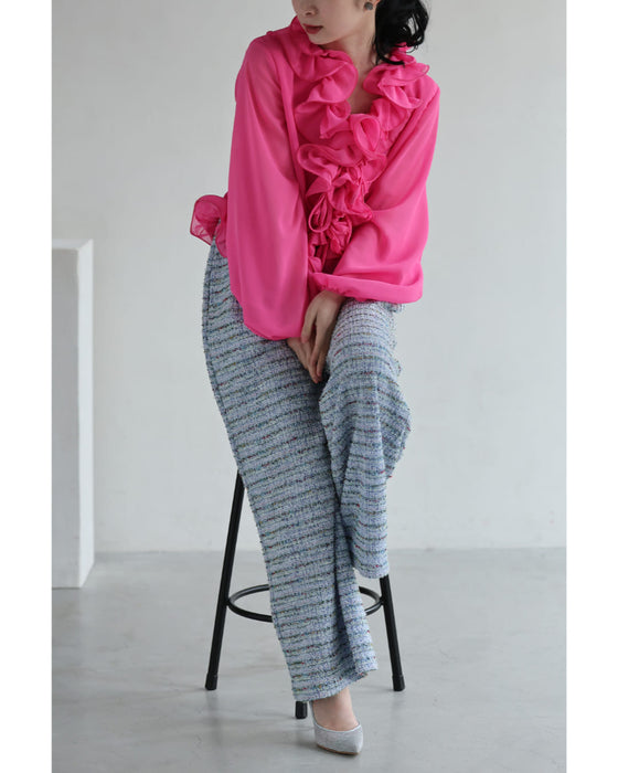 リボンを結ぶフロントの花びらフリルブラウストップス