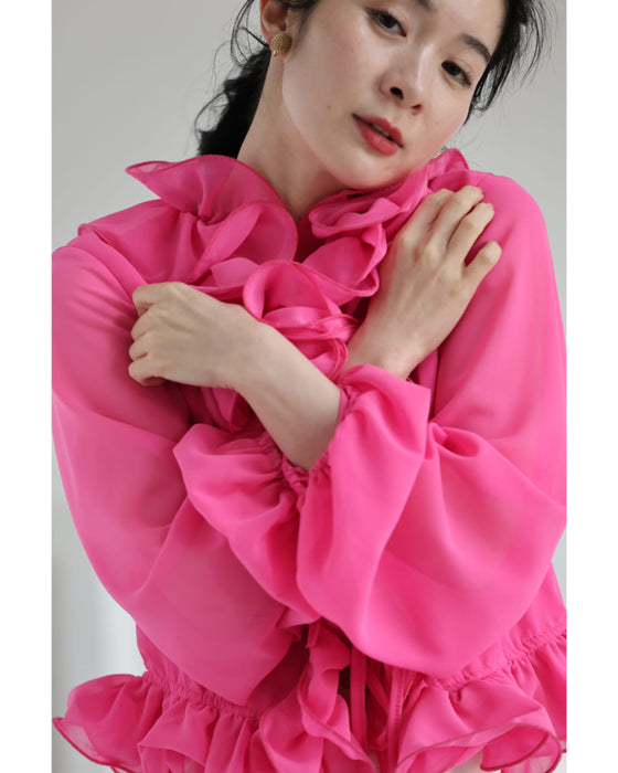 リボンを結ぶフロントの花びらフリルブラウストップス