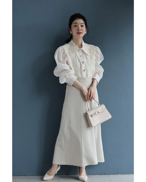 煌めくレース浮き立つシアー袖ブラウストップス