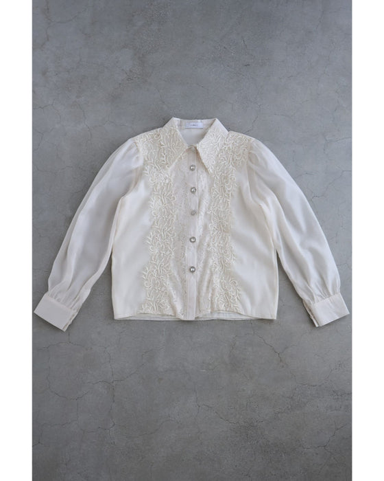 煌めくレース浮き立つシアー袖ブラウストップス