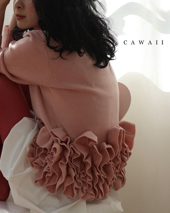 淡いピンクのバレエチュチュフリルニットカーディガン