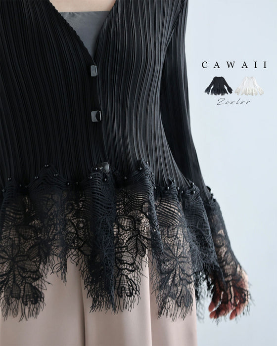 細やかに浮かぶランダム裾レースのプリーツカーディガン