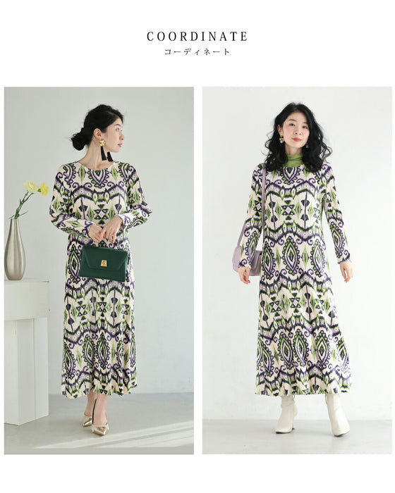 色で魅せるエスニック柄ベロア調ロングワンピース