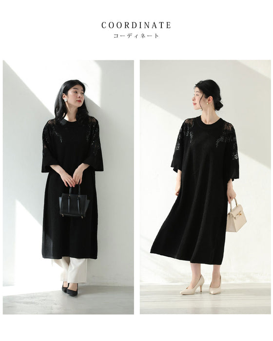 スパンコールの花咲くニットミディアムワンピース