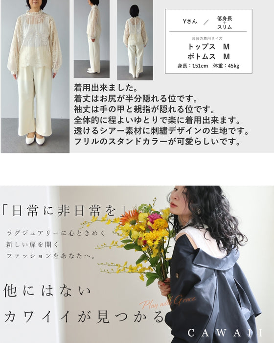 肌に美しく浮かび上がる装飾刺繍シアーブラウストップス