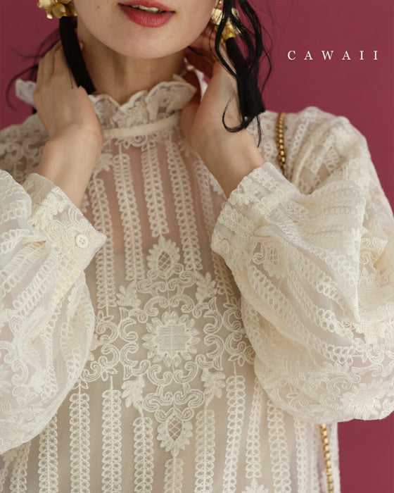 肌に美しく浮かび上がる装飾刺繍シアーブラウストップス