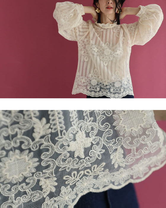 肌に美しく浮かび上がる装飾刺繍シアーブラウストップス