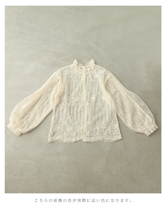 肌に美しく浮かび上がる装飾刺繍シアーブラウストップス