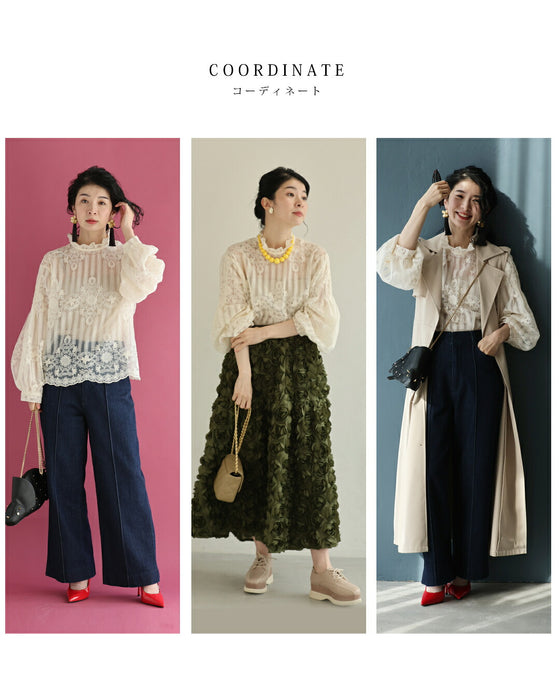 肌に美しく浮かび上がる装飾刺繍シアーブラウストップス