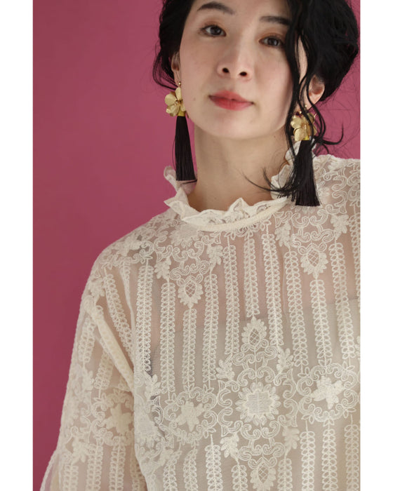 肌に美しく浮かび上がる装飾刺繍シアーブラウストップス