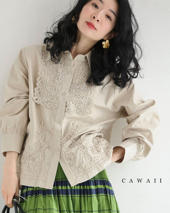 レリーフレースと刺繍浮かぶシャツトップス