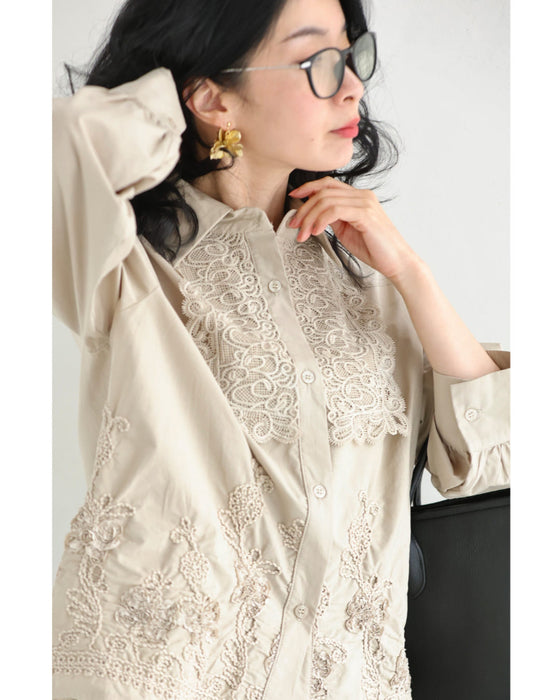 レリーフレースと刺繍浮かぶシャツトップス