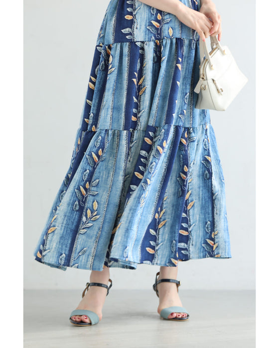 葉っぱを描いたデニム風プリントミディアムスカート