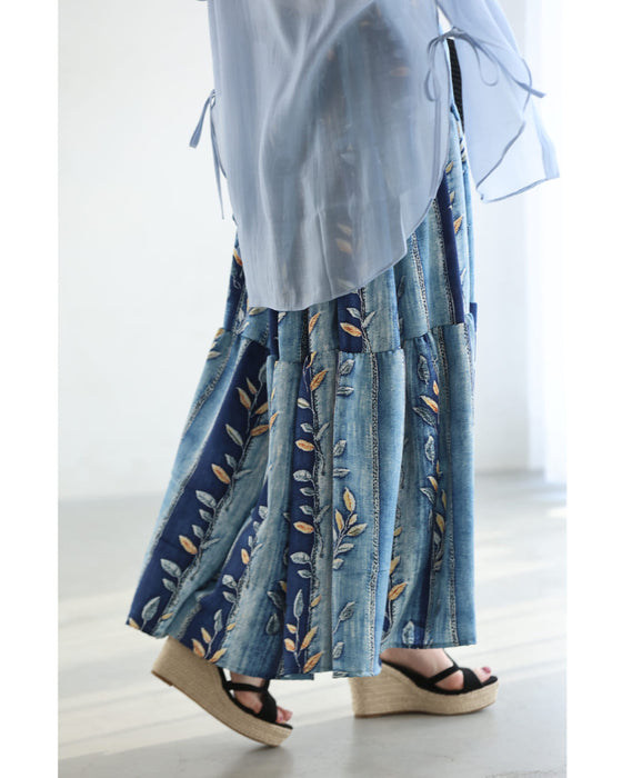 葉っぱを描いたデニム風プリントミディアムスカート