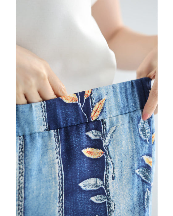 葉っぱを描いたデニム風プリントミディアムスカート