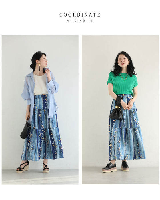 葉っぱを描いたデニム風プリントミディアムスカート