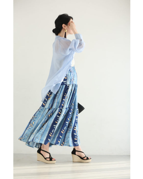 葉っぱを描いたデニム風プリントミディアムスカート