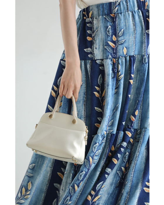 葉っぱを描いたデニム風プリントミディアムスカート