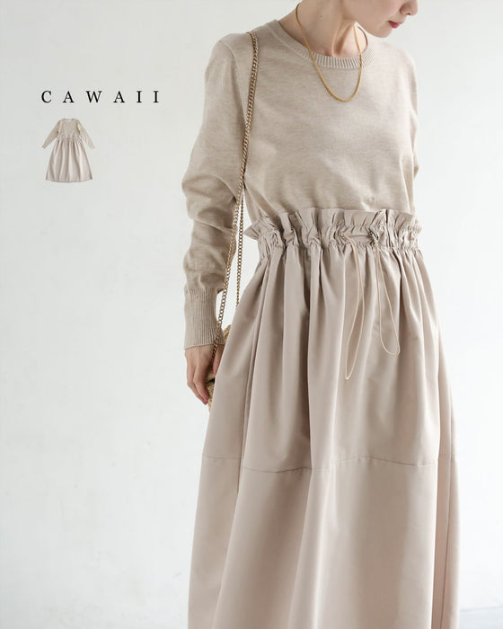 腰回りキュッとXラインの異素材切り替えミディアムワンピース