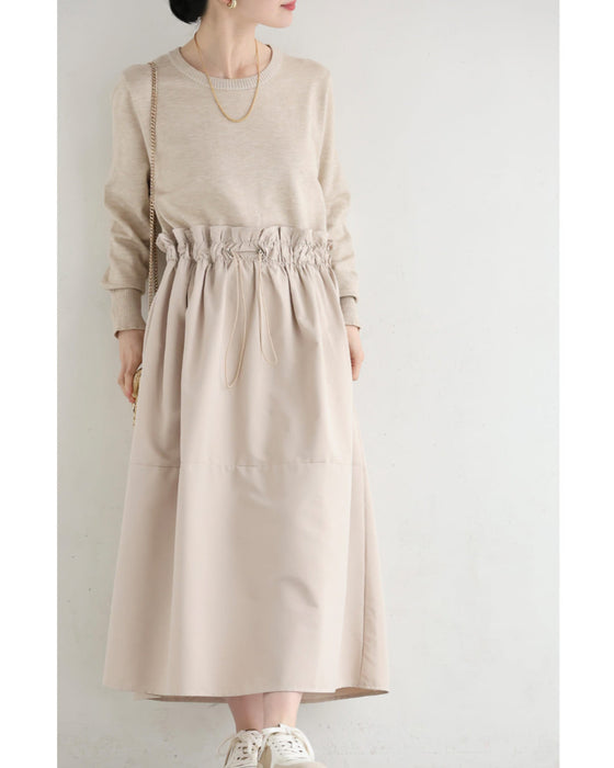 腰回りキュッとXラインの異素材切り替えミディアムワンピース