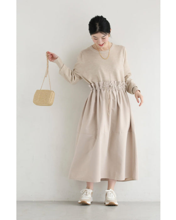 腰回りキュッとXラインの異素材切り替えミディアムワンピース