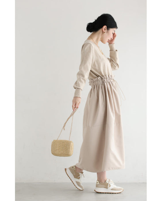 腰回りキュッとXラインの異素材切り替えミディアムワンピース