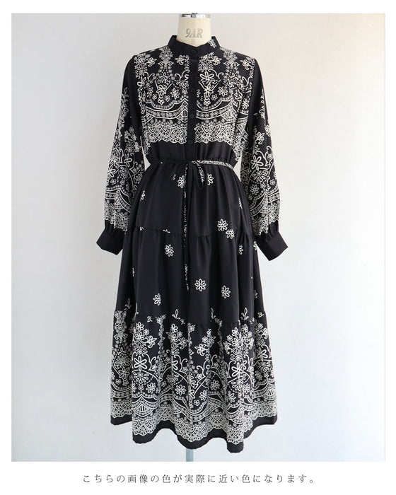 装飾柄ティアードミディアムワンピース（紐リボン付き）