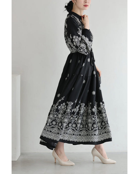 装飾柄ティアードミディアムワンピース（紐リボン付き）