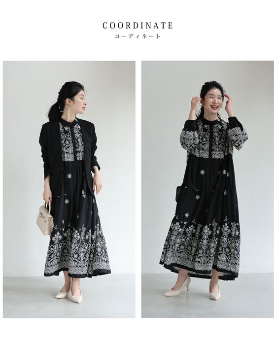 装飾柄ティアードミディアムワンピース（紐リボン付き）