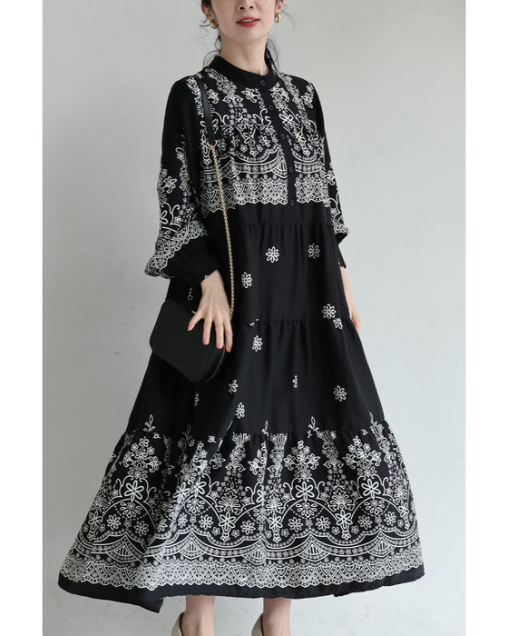 装飾柄ティアードミディアムワンピース（紐リボン付き）