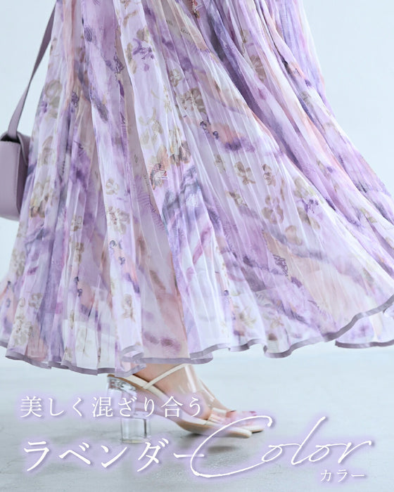 幻想的な花画クリンクルベールロングスカート