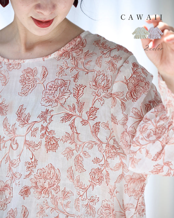 縁取り刺繍のエレガントな花柄ブラウストップス