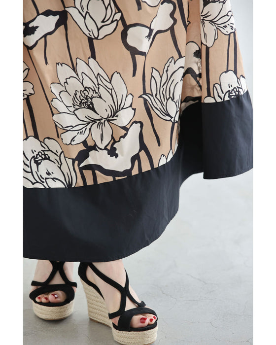 オフショルにも。バルーン袖の花画ロングワンピース（ベルト付き）