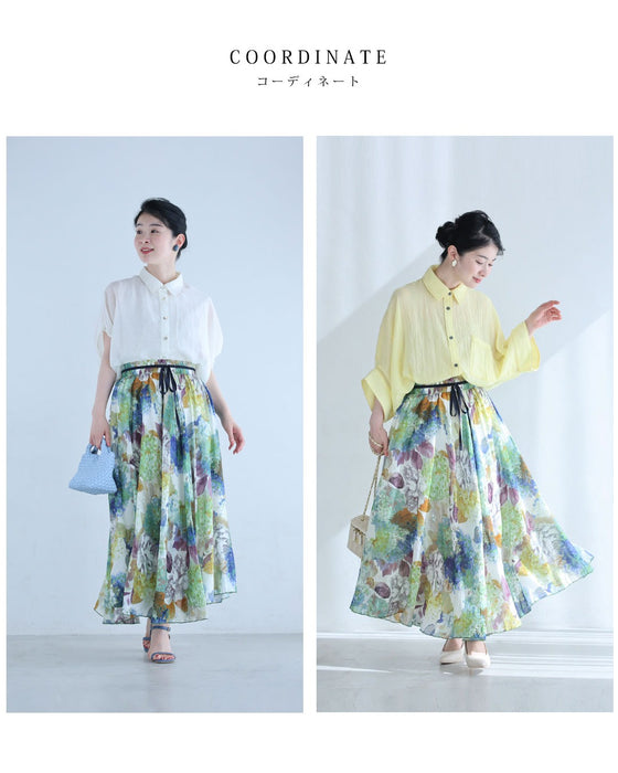 たっぷり広がるアートな花画ロングスカート