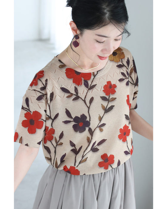 彩る花の涼しいサマーニットカットソートップス