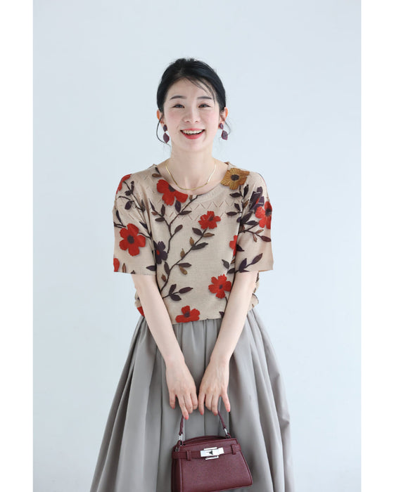 彩る花の涼しいサマーニットカットソートップス