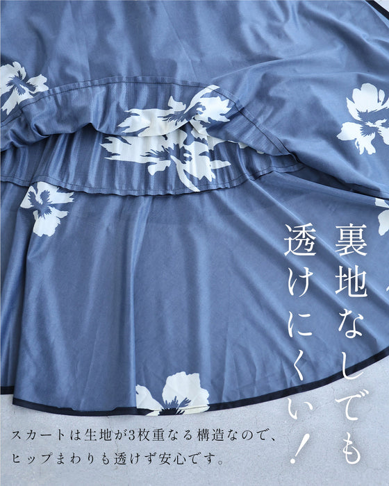 モノトーンの花咲く段フレアロングワンピース