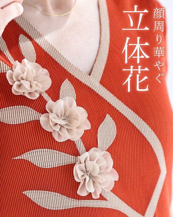 立体花のセットアップ風ドッキングプリーツロングワンピース