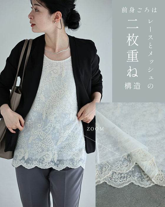 着心地柔らかな刺繍レースノースリーブカットソートップス